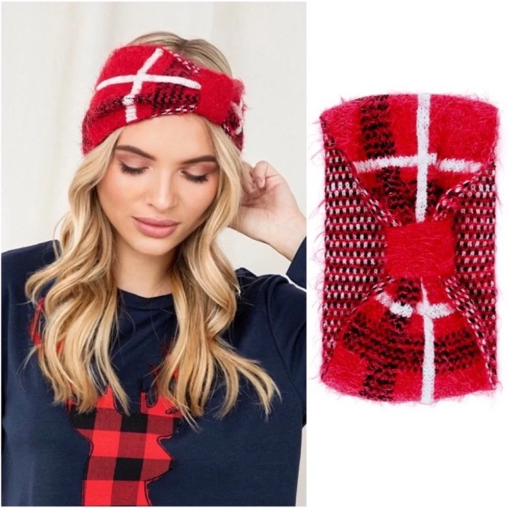 New Red Plaid Women's Head Warmer Ear Warmer Fuzzy Fall Winter Head Wrap